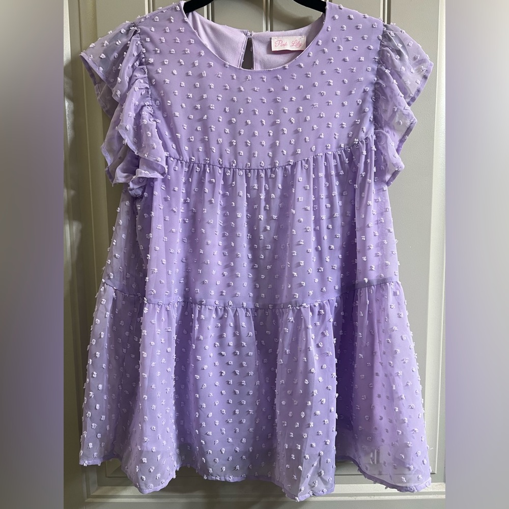 Pink Lily light purple, Swiss dot, flutter sleeve, tiered top